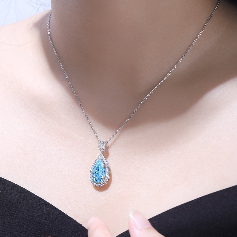 Lab grown aquamarine teardrop collarbone necklace, handmade custom jewelry with pear shape aquamarine pendant
