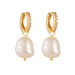 Large 12mm Irregular White Baroque Freshwater Pearl Arlet Earrings SYMARA gold plated cz hoop irregular pearl front product photo