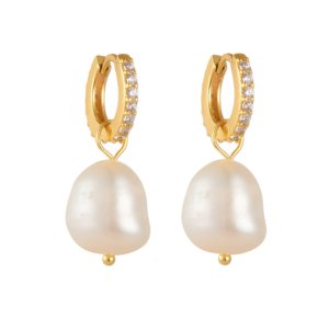 Large 12mm Irregular White Baroque Freshwater Pearl Arlet Earrings SYMARA gold plated cz hoop irregular pearl front product photo