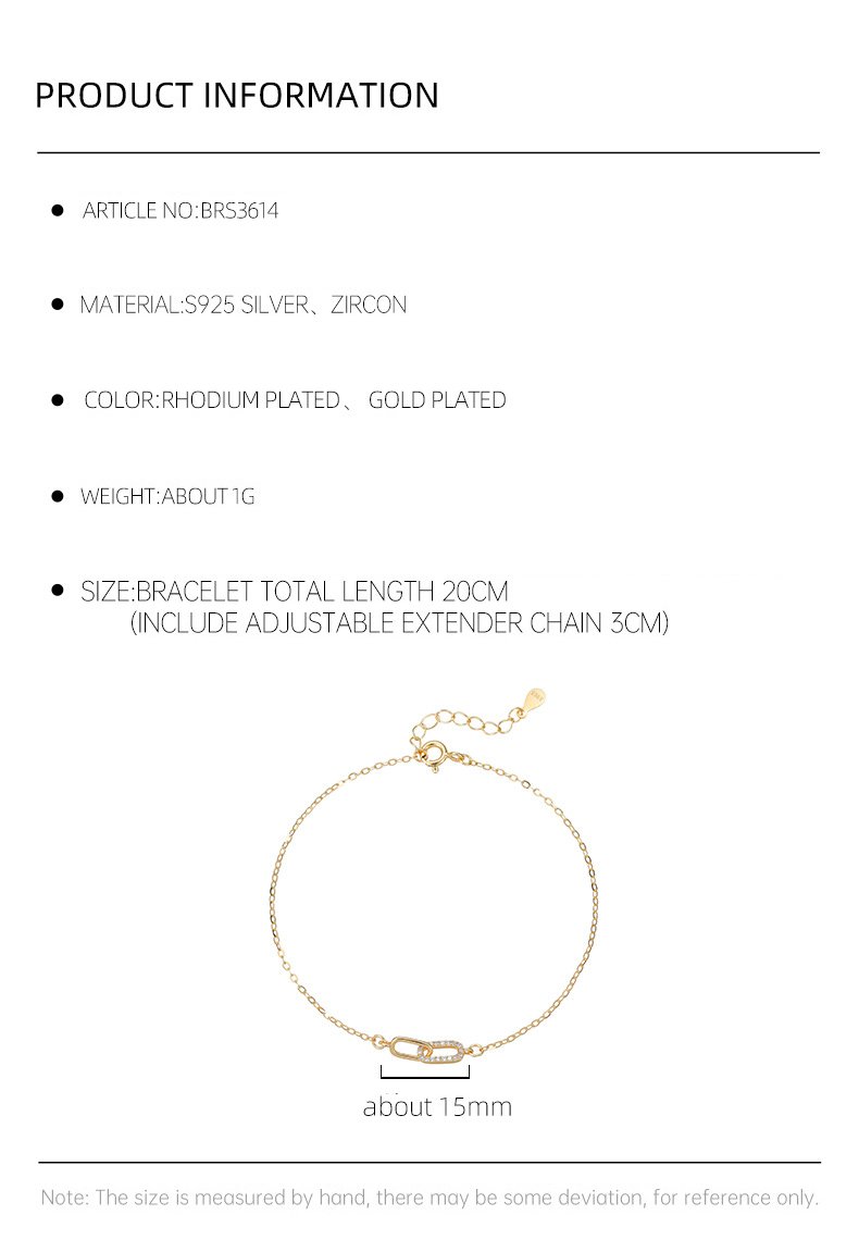 Product info sheet showing material, size, finish and features of the linked bracelet.