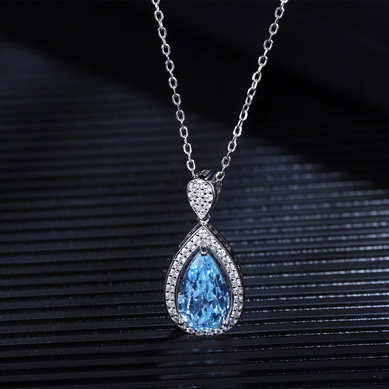 Women luxury aquamarine teardrop collarbone necklace, custom design gemstone jewelry