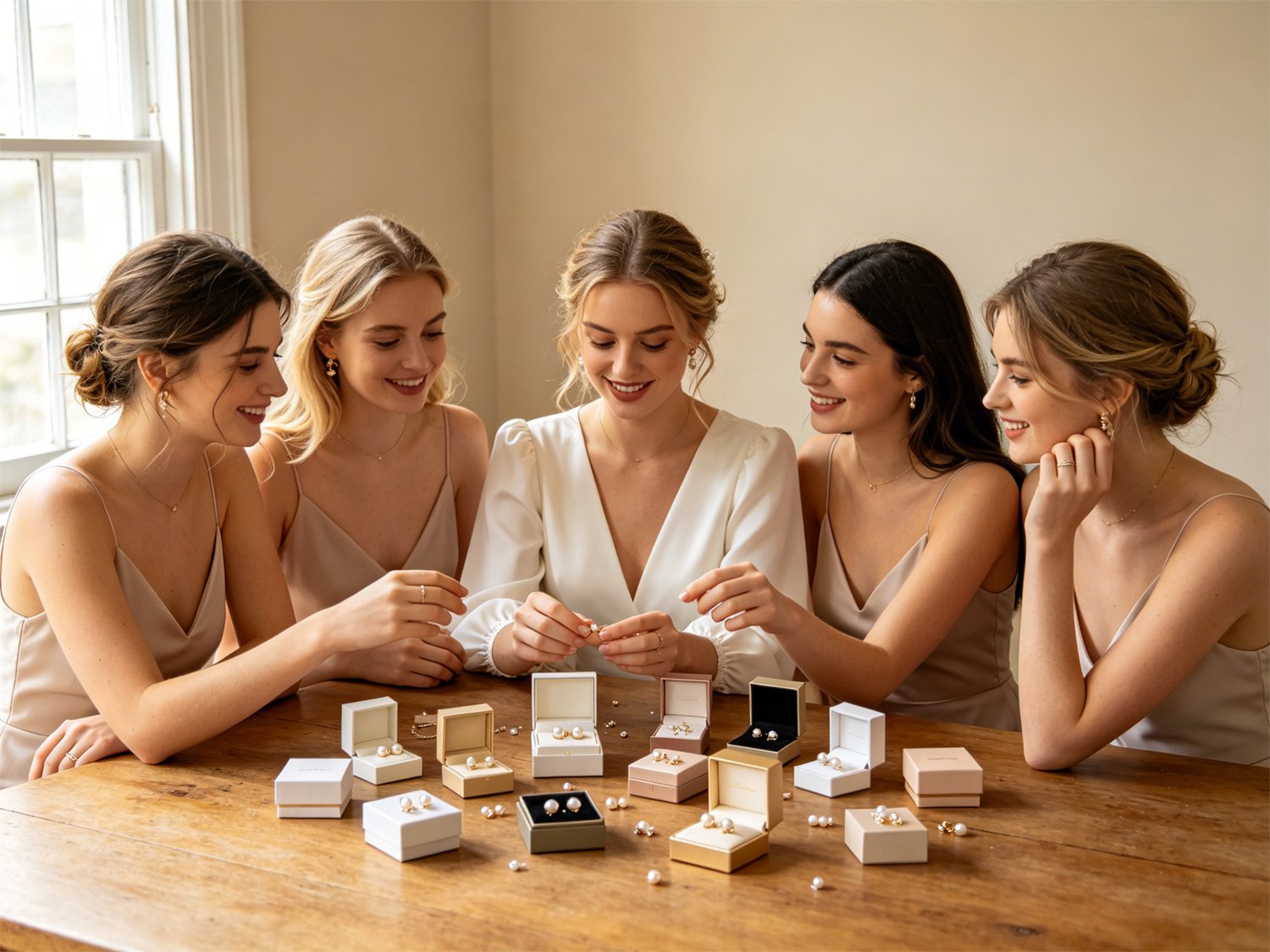 Maid of honor preparing small jewelry gifts for bridesmaids at indoor bridal pre-wedding gathering, dainty pearl stud earrings gift boxes on wooden table