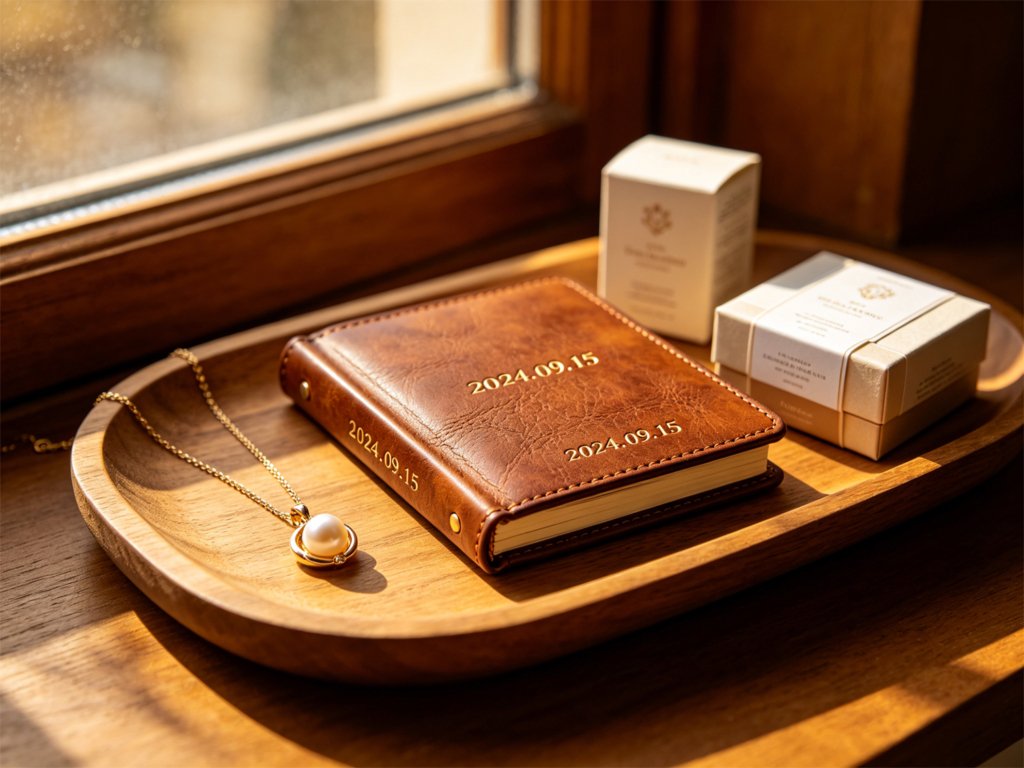 Sentimental maid of honor gift to bride: custom wedding date pearl pendant necklace, memory photo album and premium skincare set on wooden tray