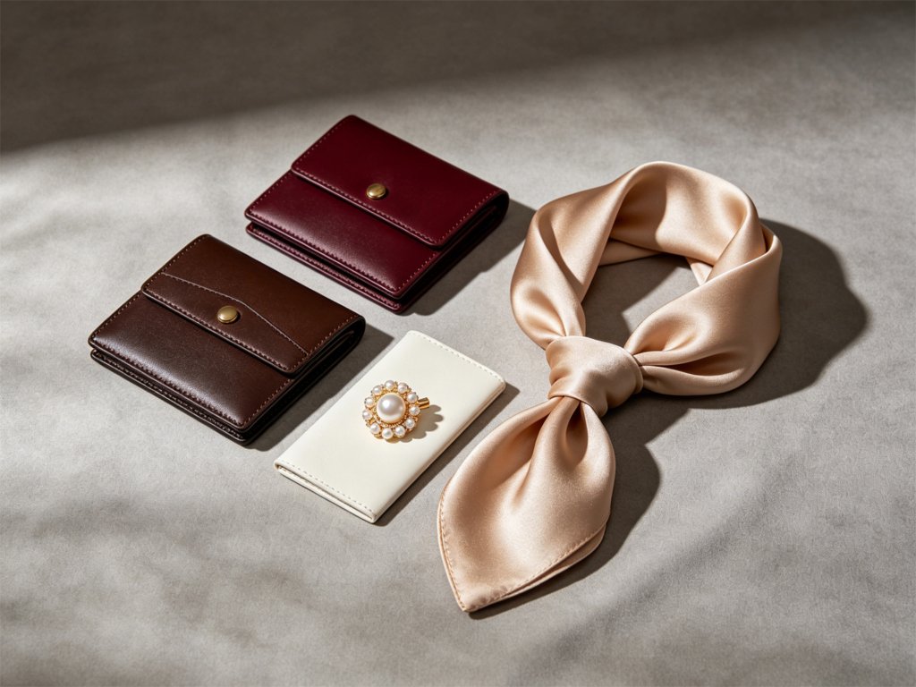 Sophisticated matron of honor gifts including silk scarves, leather accessories and custom engraved pearl brooch for wedding senior attendant