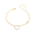 Minimalist double layer heart CZ bracelet 925 sterling silver 18k gold plated mom daughter jewelry, pave cubic zirconia thin lightweight hypoallergenic wrist chain