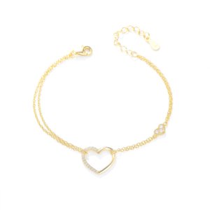 Minimalist double layer heart CZ bracelet 925 sterling silver 18k gold plated mom daughter jewelry, pave cubic zirconia thin lightweight hypoallergenic wrist chain