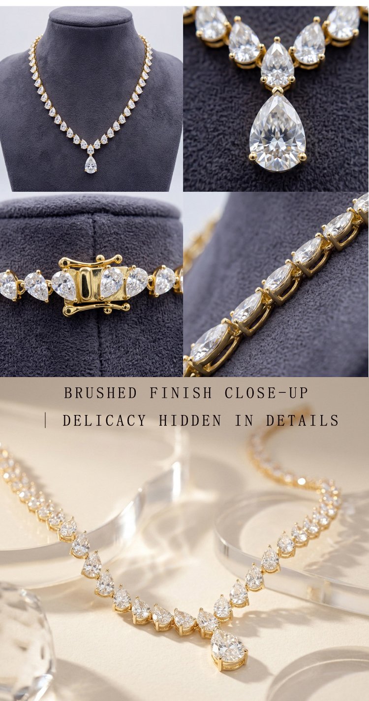 Design details of pear moissanite necklace, GRA certificate and stone cutting display