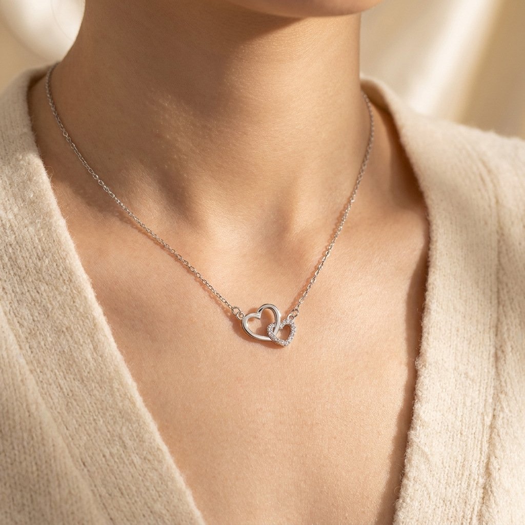 mother-daughter-wearing-silver-heart-necklace_photo Mother and daughter wearing matching S925 silver double heart necklaces
