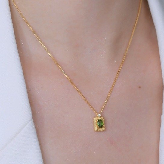 Woman wearing premium natural oval diopside square pendant necklace, perfect jewelry gift for ladies