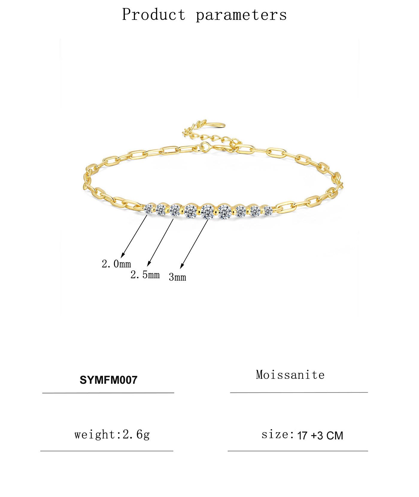 Close-up of sparkling D-color moissanite stones on a link chain sister bracelet
