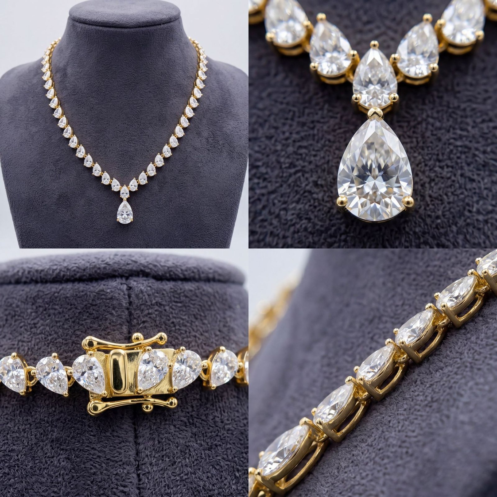 Design details of pear moissanite necklace, GRA certificate and stone cutting display