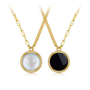 1.2cm reversible round disc necklace with mother of pearl and black onyx in S925 silver