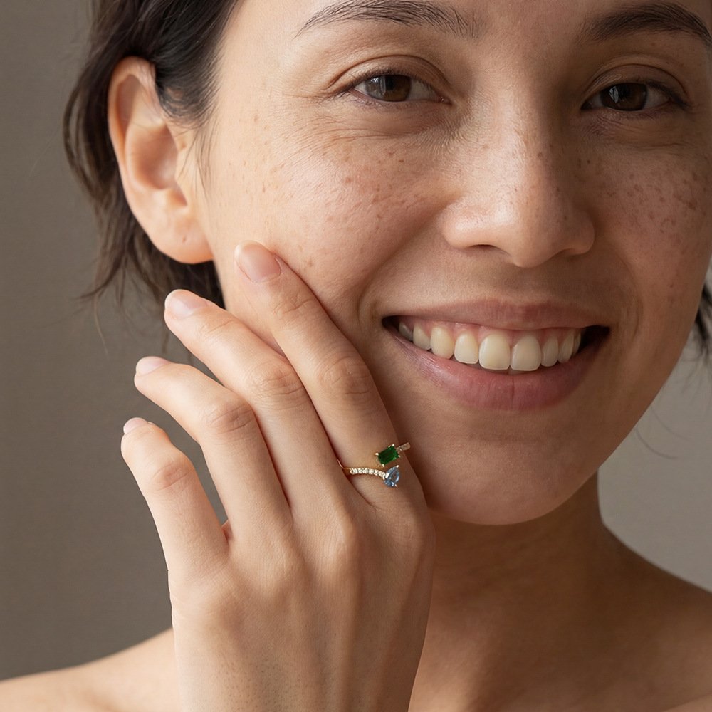 Gold plated blue green cubic zirconia open ring vintage style