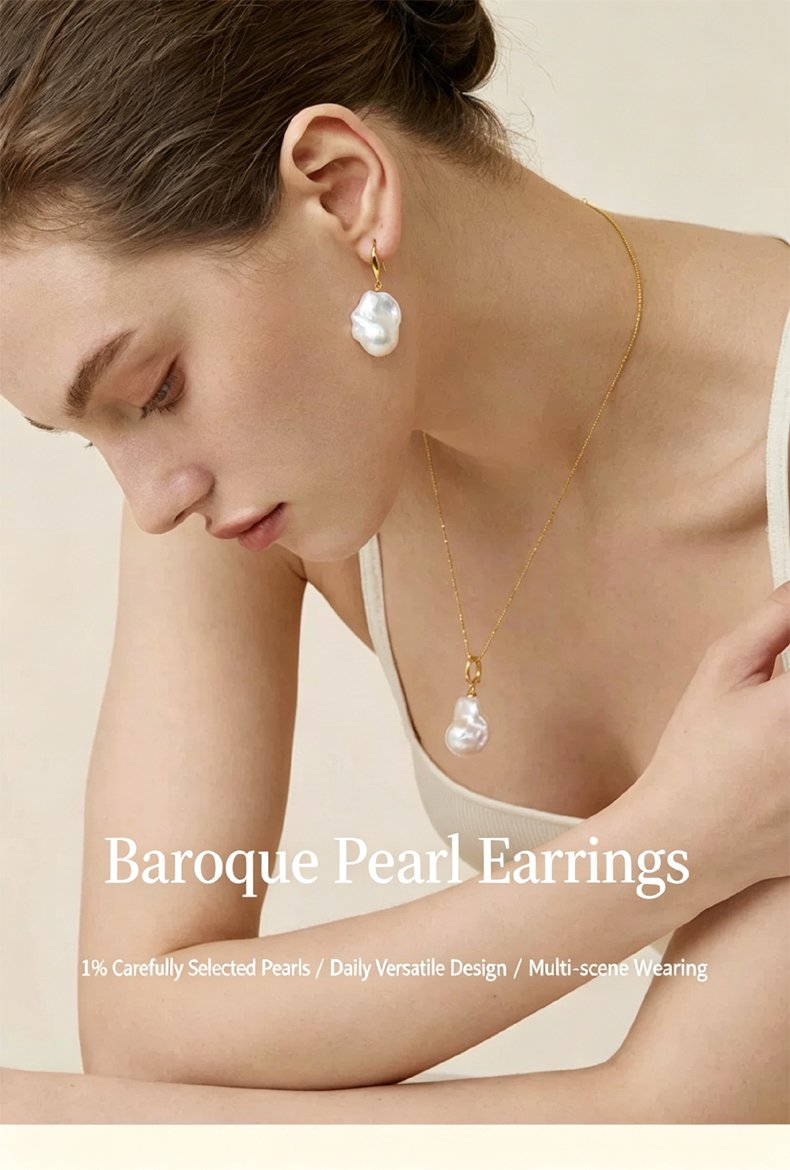 SYMARA 12mm Savanah baroque pearl earrings styled on female model for everyday relaxed luxury casual look