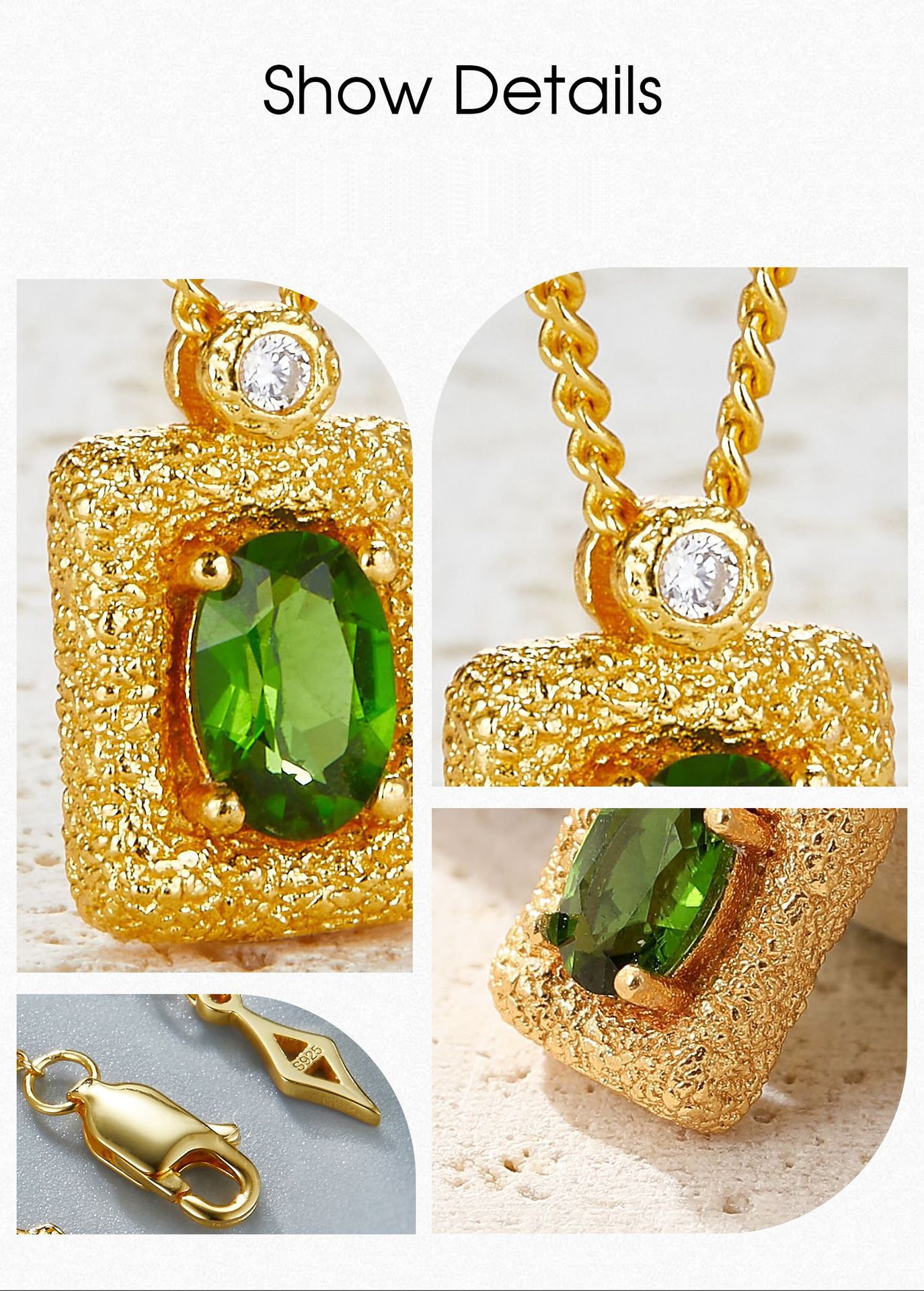 Close-up of 18K gold plated textured square pendant with natural diopside