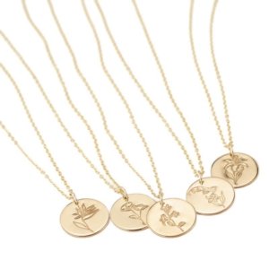 Personalized birth flower necklace, S925 silver embossed coin pendant, gold plated dainty floral jewelry