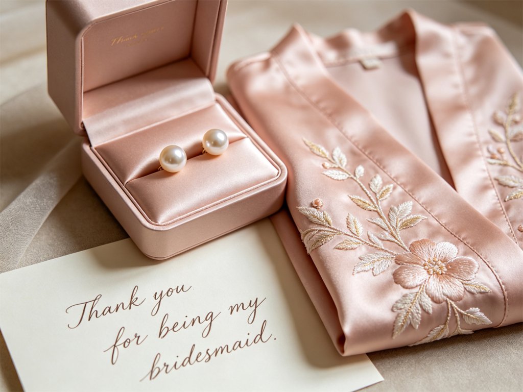Elegant wedding day gifts for bridesmaids with fine freshwater pearl stud earrings packed in silk gift box beside handwritten thank you note