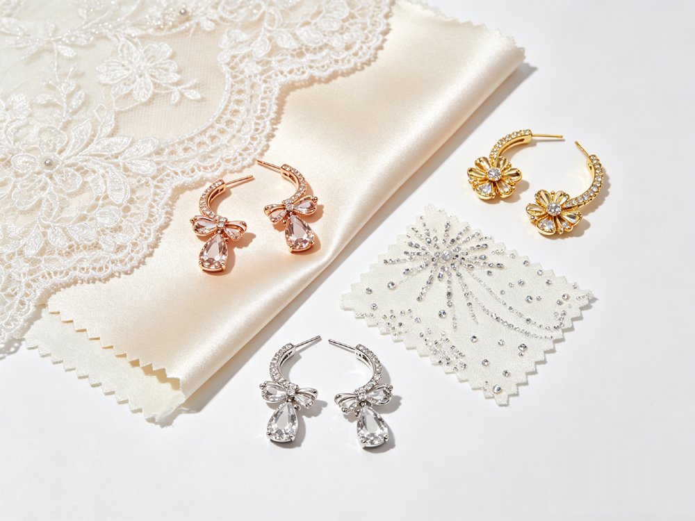 Wedding earrings matching different dress fabrics and metal tones