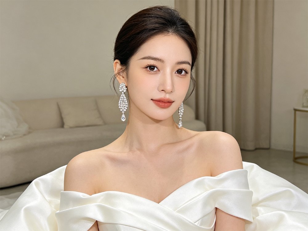 Chandelier earrings paired with off-the-shoulder wedding dress