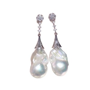 White baroque pearl drop earrings, copper gold plated fish tail design with hypoallergenic S925 silver needle