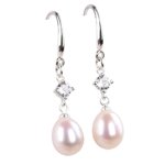 Front shot of 8mm white cultured freshwater pearl dangle earrings with sparkling CZ accent & hypoallergenic S925 silver hooks