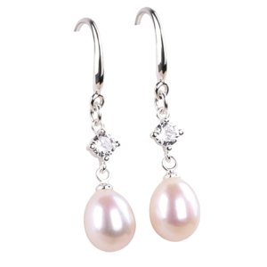 Front shot of 8mm white cultured freshwater pearl dangle earrings with sparkling CZ accent & hypoallergenic S925 silver hooks