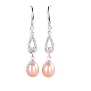 Flat lay of 2026 new white & pink natural freshwater pearl dangle earrings, 8-9mm pearl & 40mm full length with double-layer CZ and S925 silver hooks