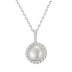 SYMARA 8mm freshwater pearl necklace with sunflower CZ halo front view