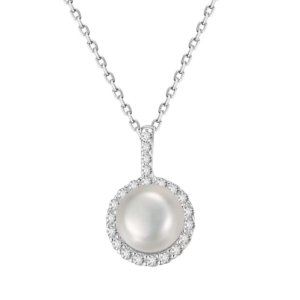 SYMARA 8mm freshwater pearl necklace with sunflower CZ halo front view