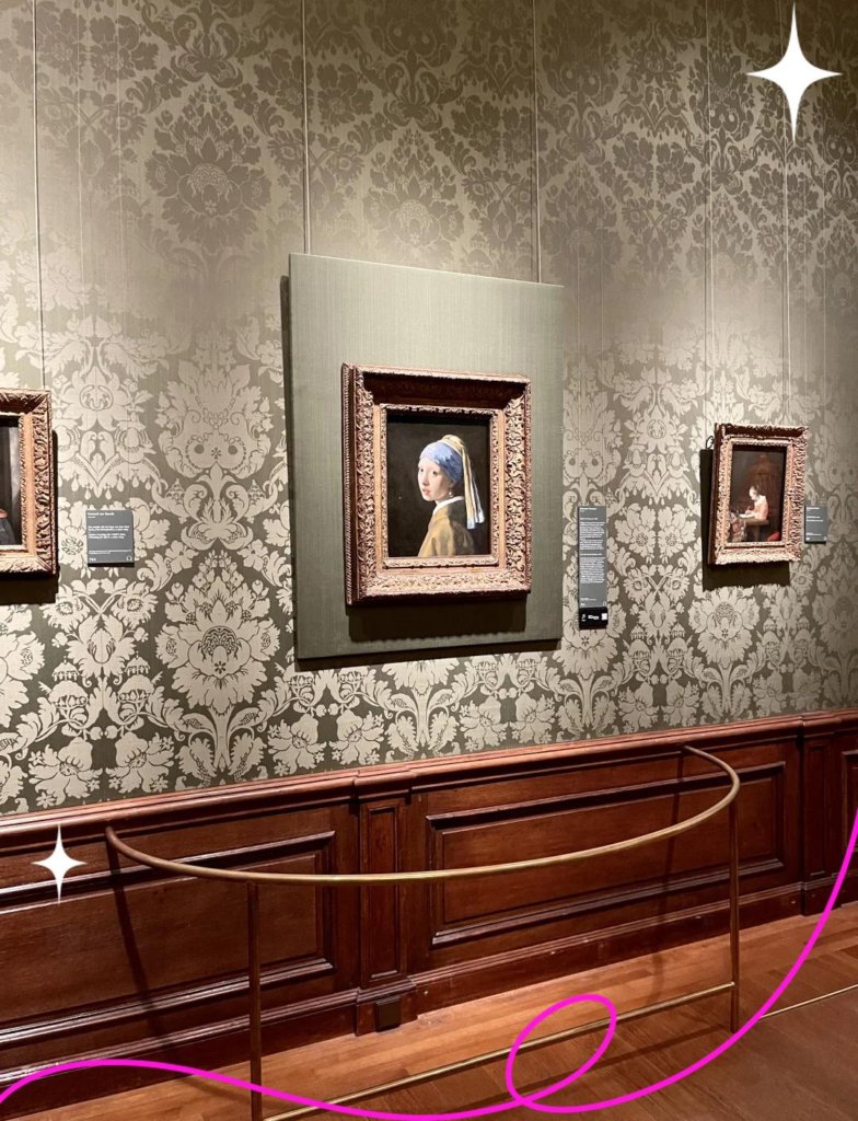 Girl with a Pearl Earring on display inside the Mauritshuis museum, hanging on a dark gallery wall with visitors viewing the artwork