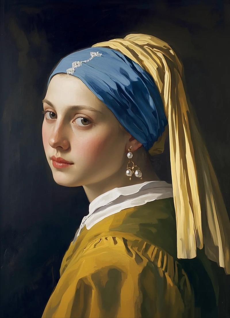 Full view of Vermeer's Girl with a Pearl Earring, showing the young woman in a dark background with a blue and yellow turban and a pearl earring