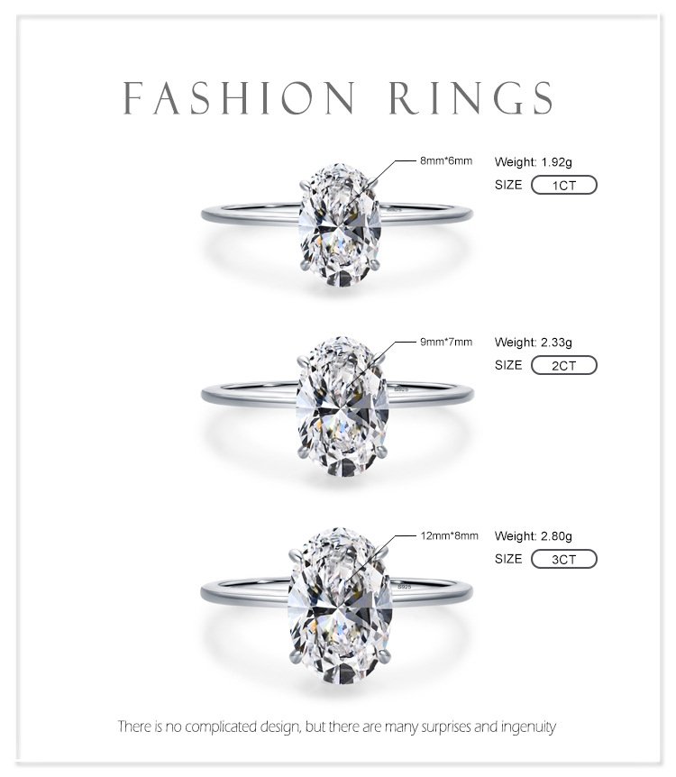 1CT 2CT 3CT oval cubic zirconia engagement ring size comparison