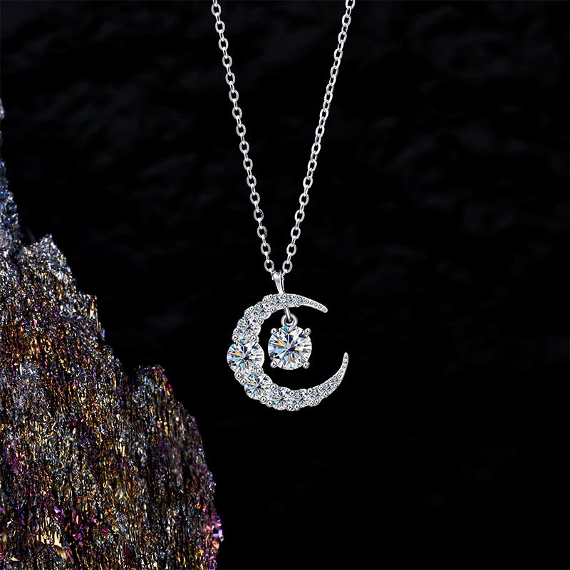 1 carat moissanite center stone moon necklace close-up, brilliant sparkle premium pendant