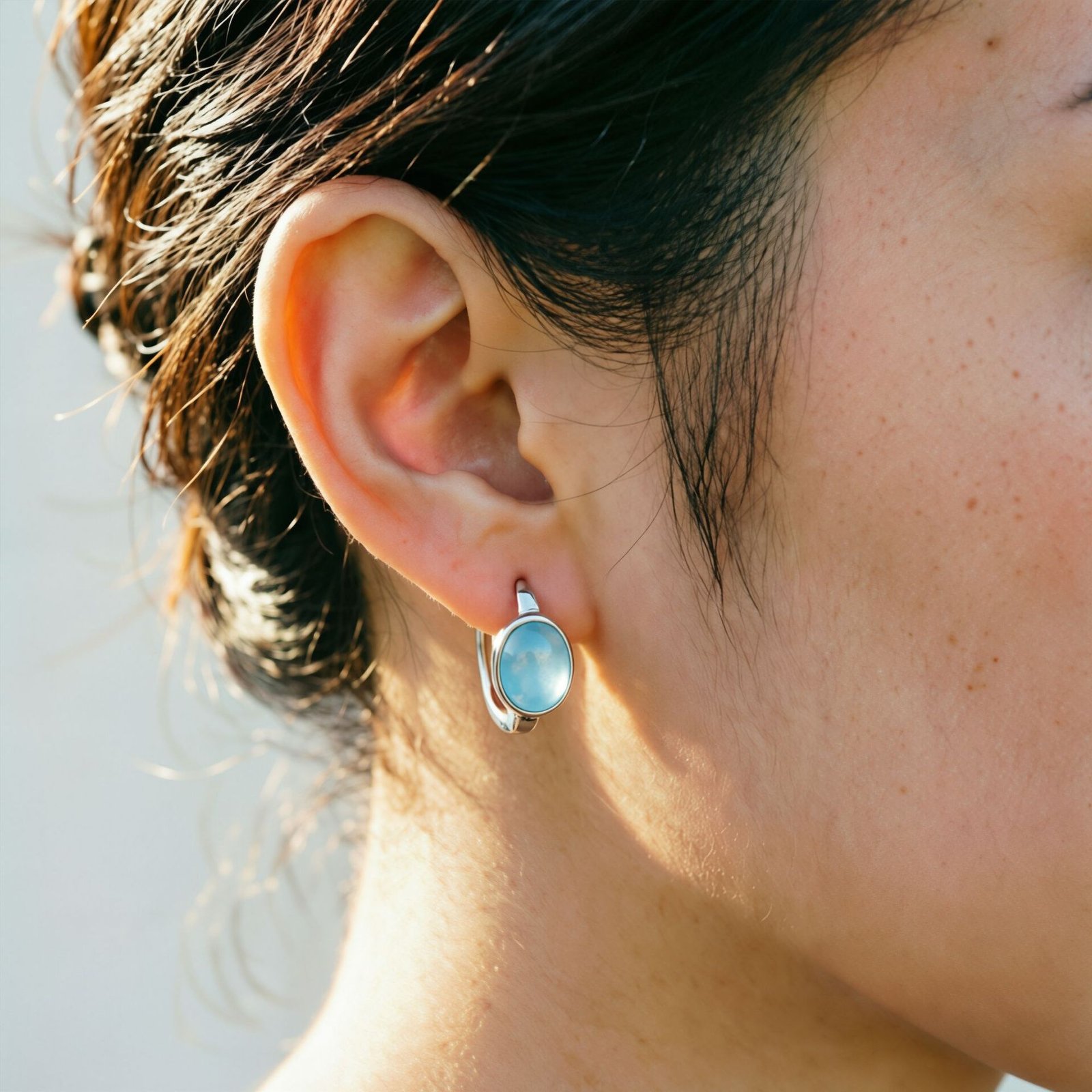 Minimalist aquamarine hoop earrings daily wear look, elegant silver earrings for women