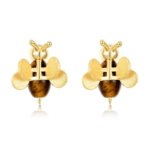 Bee stud earrings, hand brushed matte 10K gold with natural tiger's eye stone, S925 silver