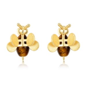 Bee stud earrings, hand brushed matte 10K gold with natural tiger's eye stone, S925 silver
