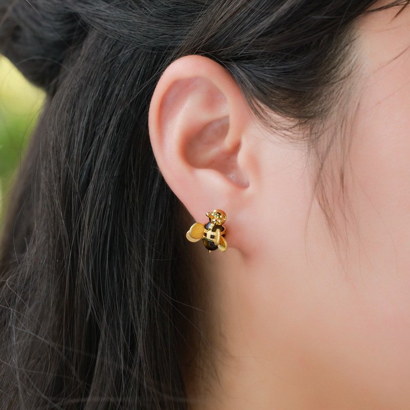 Hand brushed bee stud earrings, natural tiger's eye delicate accessories