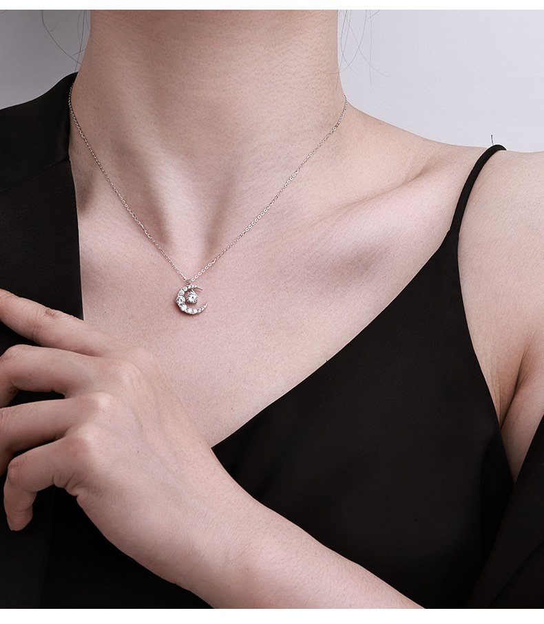 Elegant moon star moissanite necklace daily wear, minimalist luxury women jewelry