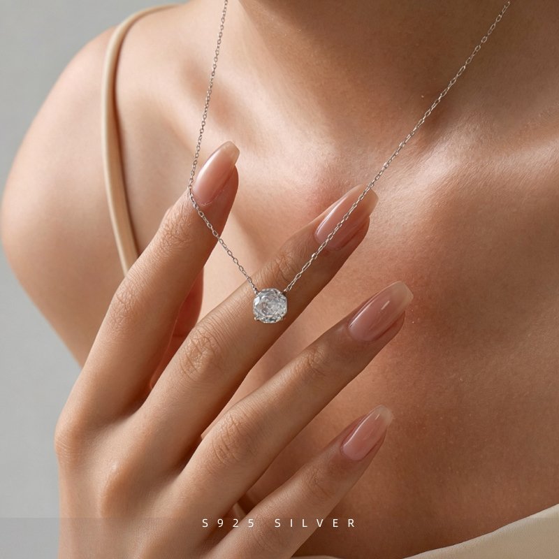 Minimalist rose cut cubic zirconia necklace daily wear look, elegant silver necklace for women