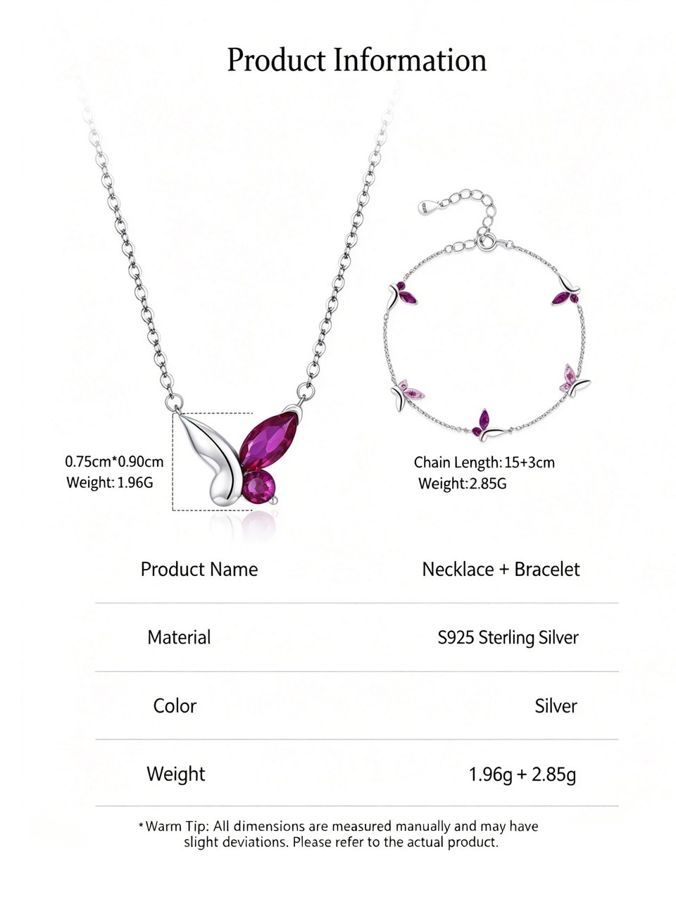 Size and weight specification of S925 silver pink butterfly necklace and bracelet set