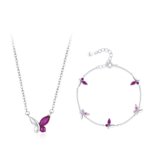 Pink butterfly jewelry set for women, romantic girlfriend gift, S925 silver necklace and bracelet set