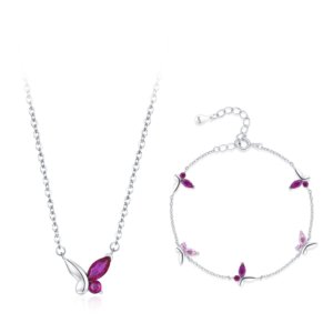 Pink butterfly jewelry set for women, romantic girlfriend gift, S925 silver necklace and bracelet set