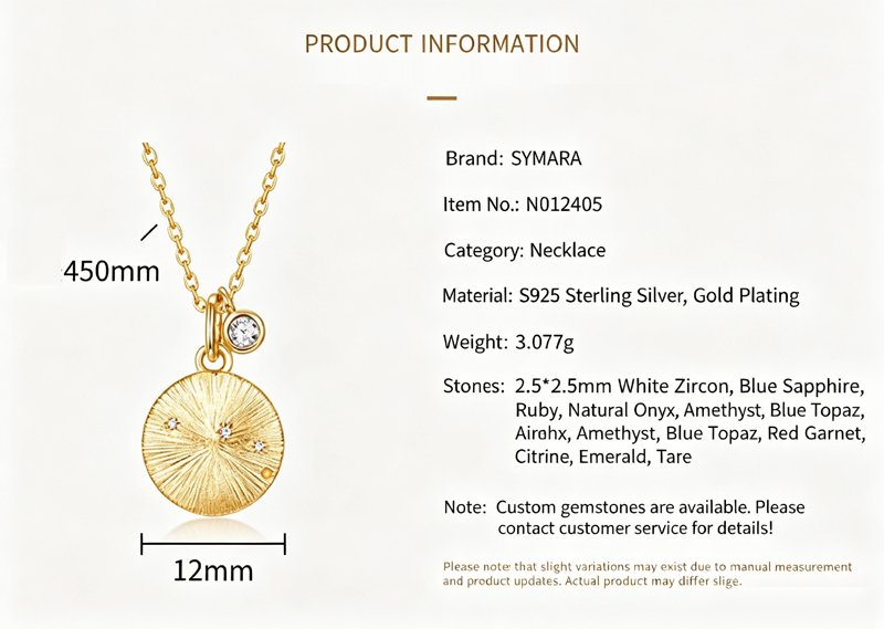 Product details of S925 silver zodiac necklace, brushed finish and birthstone