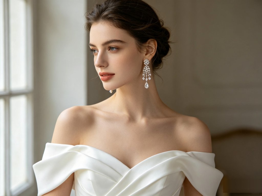 Chandelier earrings paired with off-the-shoulder wedding dress