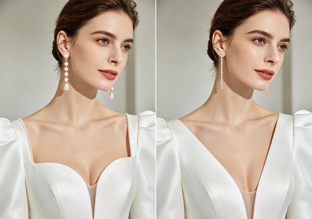 Teardrop and linear earrings for sweetheart and V-neck wedding dresses