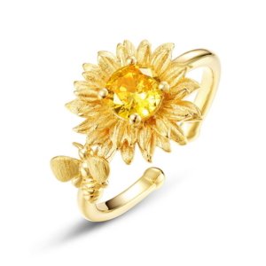 Yellow crystal flower ring with hand-brushed bee and sunflower details, S925 silver gold plated nature jewelry for women