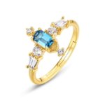 Vintage Art Deco style London blue topaz drop ring with clear CZ accents, S925 sterling silver 10K gold plated statement jewelry for women
