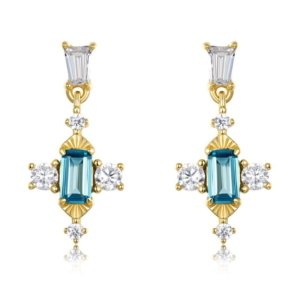 Vintage Art Deco style London blue topaz drop earrings with clear CZ accents, S925 sterling silver 10K gold plated statement jewelry for women
