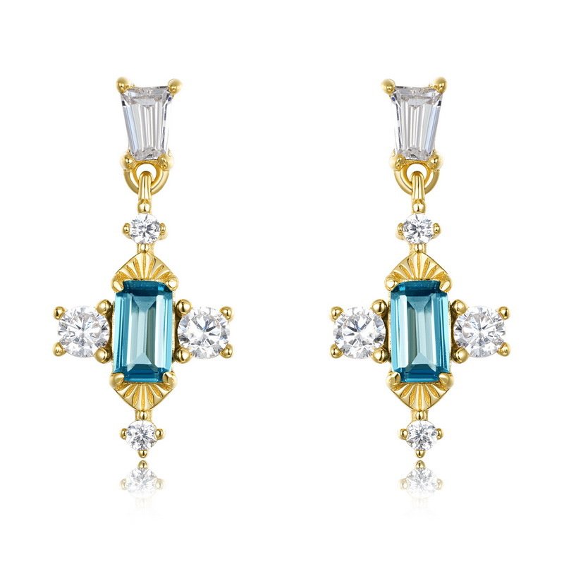 Vintage Art Deco style London blue topaz drop earrings with clear CZ accents, S925 sterling silver 10K gold plated statement jewelry for women