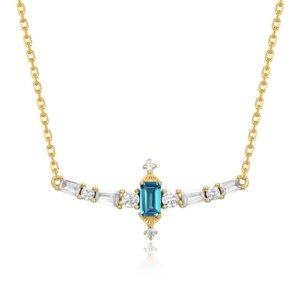 Vintage Art Deco style London blue topaz necklace with clear CZ accents, S925 sterling silver 10K gold plated statement jewelry for women